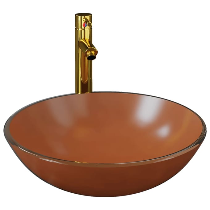 vidaXL - Wastafel - met - kraan - en - pop-up - afvoer - gehard - glas - bruin