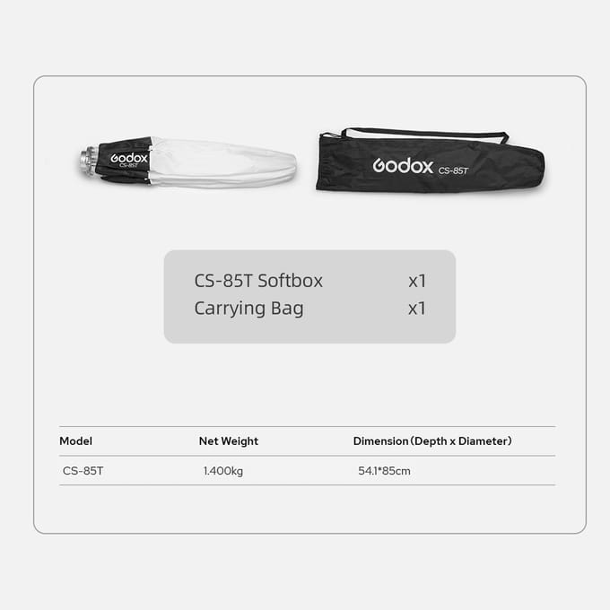 Godox CS-85T 85 cm/33,4 pouces Lanterne à dégagement rapide Softbox professionnelle pliable avec norme 85cm noir