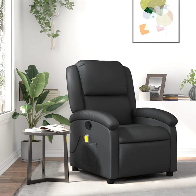 vidaXL - Massagestoel - van - echt - leer, - zwart