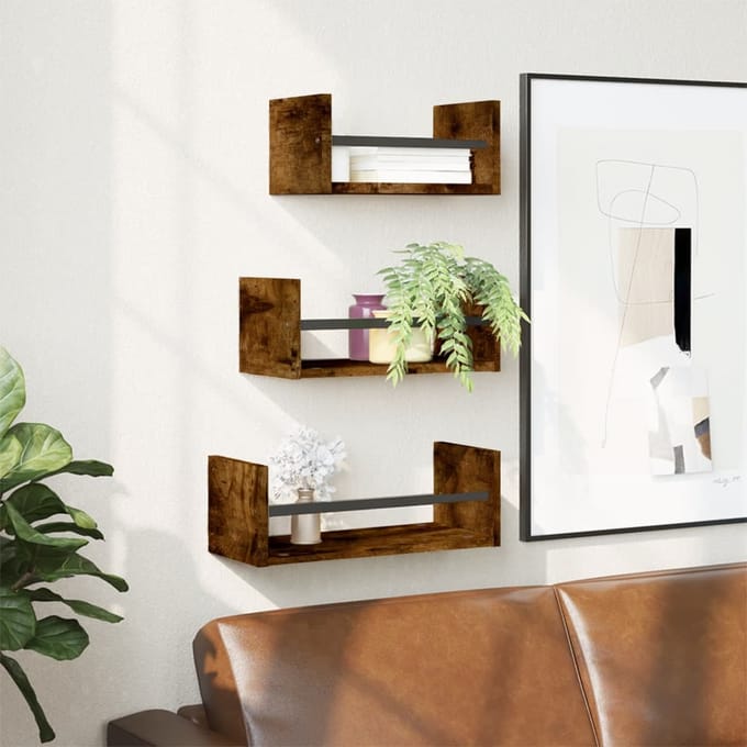vidaXL - 3-delige - Wandschappenset - met - stangen - bewerkt - hout - gerookt - eiken