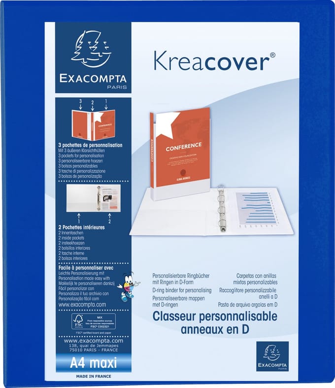 Exacompta 10x Kreacover Ringband in PP met 4 D-ringen van 30mm - A4 maxi - Blauw - 51842BE