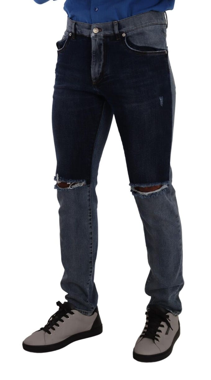 Tweekleurige Versleten Denim Jeans