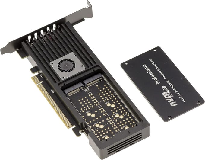 PCIe 3.0 x16 Controllerkaart voor 4 M.2 NVMe SSD's met PLX Chipset en Ventilatie