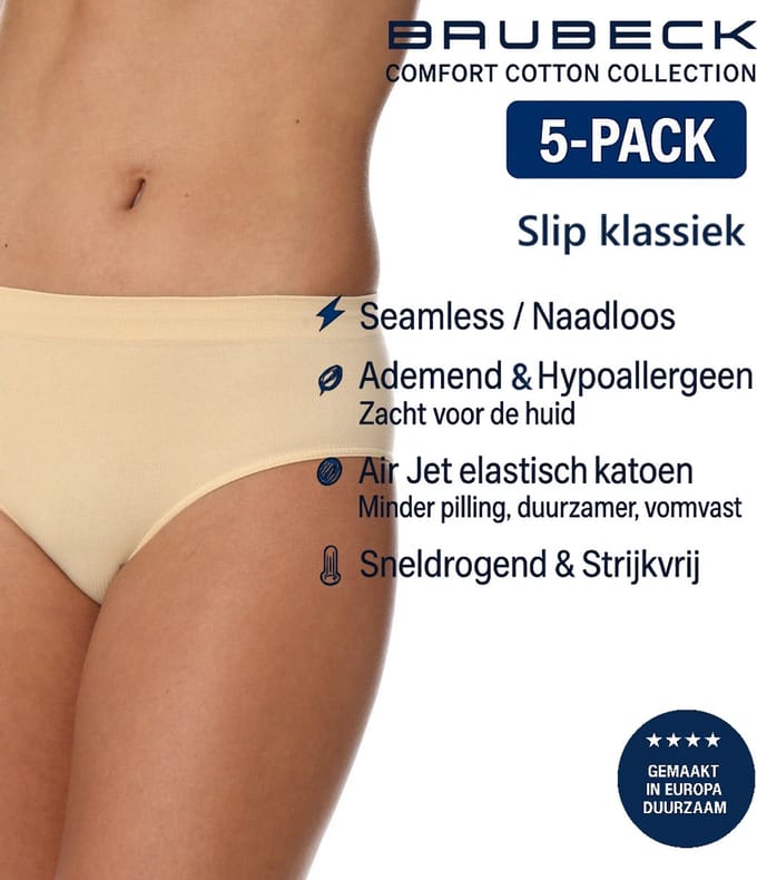 Brubeck Dames Slip Klassiek – Naadloos (Seamless) Elastisch Katoen – 5-Pack - Beige L