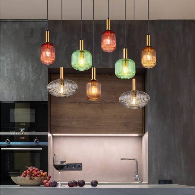 Globo Hanglamp Normy, lengte 125 cm, kleurrijk, glas, 8-lamps.