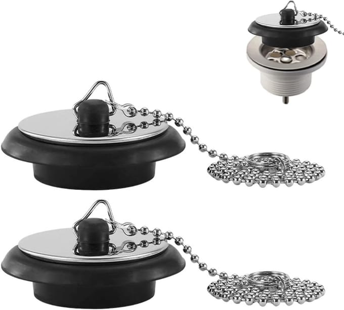 2x Universele Badkamer Verstopping & Wastafel Stop Universeel met 40cm RVS Ketting (Diameter 4.2-4.5 cm)