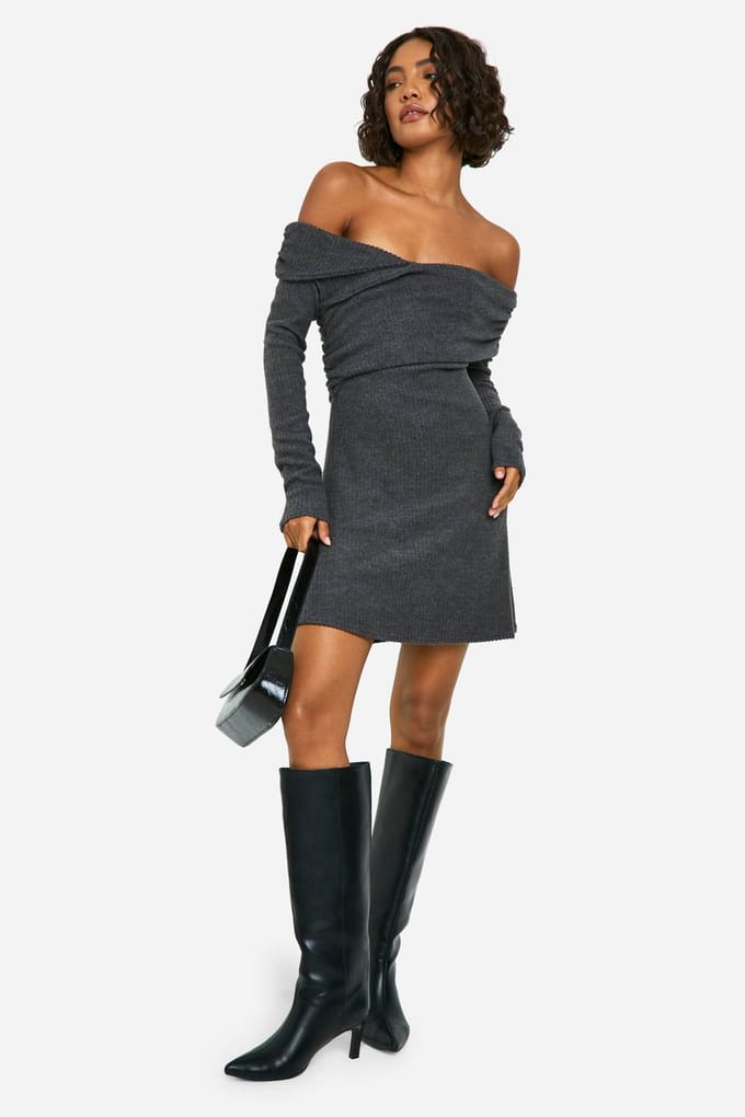 boohoo Dames Tall Brushed Rib Asymmetrische Mini Jurk | Houtskool | Maat: 34