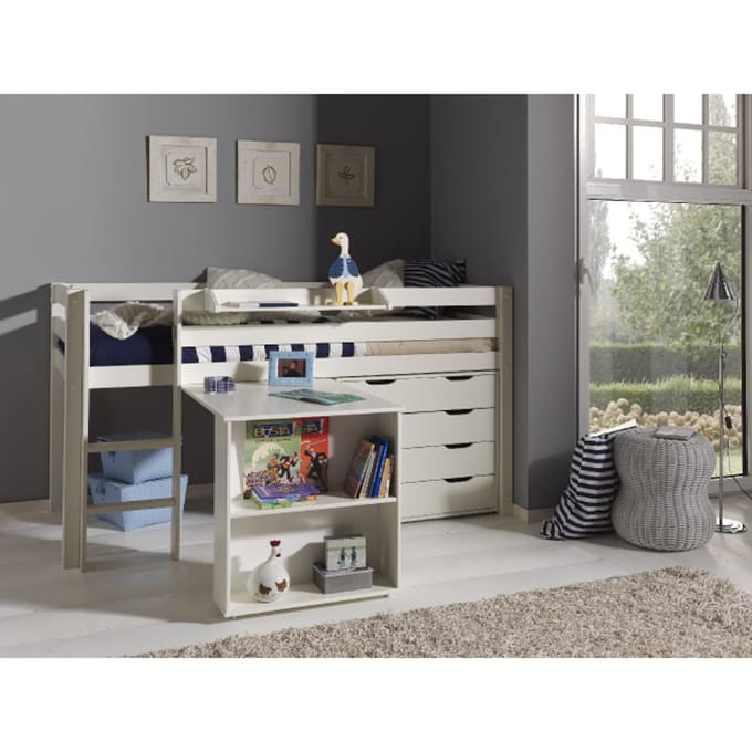 LUCEVI - Pino Halfhoogslaper + Ladder + Bureau + Commode 4 laden + Hangplank - Wit - 90x200 cm