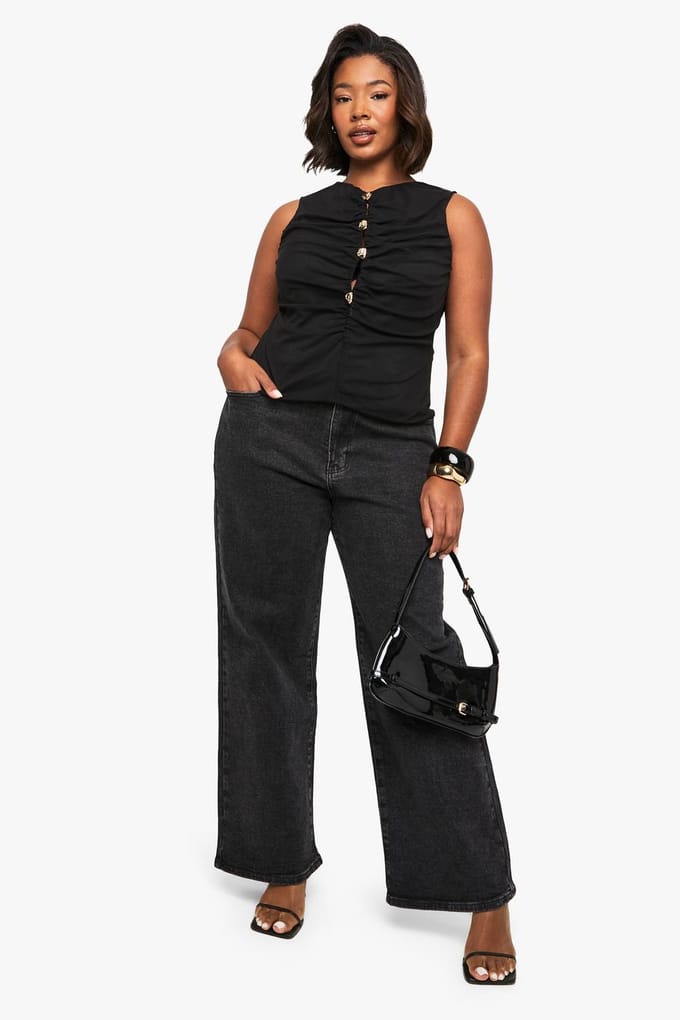 boohoo Dames Plus V-hals Gouden Knop Top | Zwart | Maat: 54