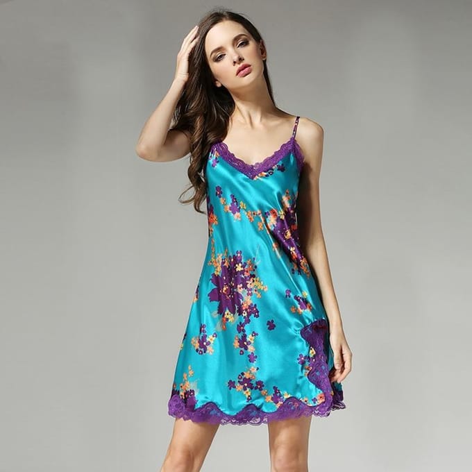 Kant Dames Moerbeizijde Nachthemd Pure Zijde Pyjama XL blue