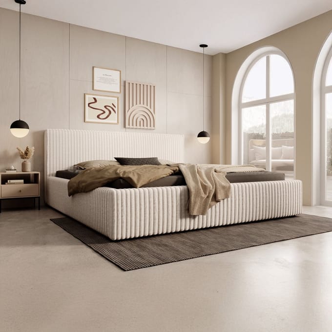 Meubella - Tweepersoonsbed Infinity - Beige Fluffy ribstof - 180x200cm