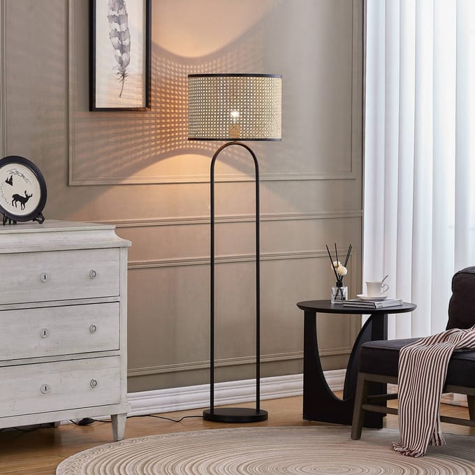 Lindby - vloerlamp - 1licht - Rotan, metaal - H: 146 cm - E27 - hel hout