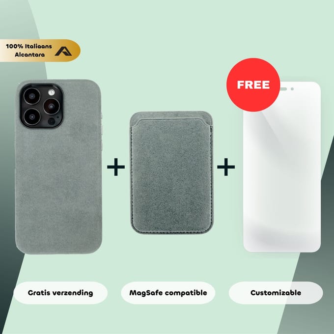 iPhone 14 Pro Max – Alcantara Case + MagSafe Wallet + Gratis Screenprotector | Nardo Grey