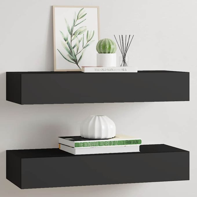 vidaXL - Wandschappen - 2 - st - met - lade - 60x23,5x10 - cm - MDF - zwart