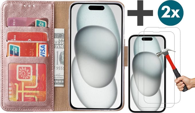 Hoesje met 2 Stuks Screenprotectors Geschikt voor iPhone 15 – Arara bookcase met pasjeshouder - Rosegoud