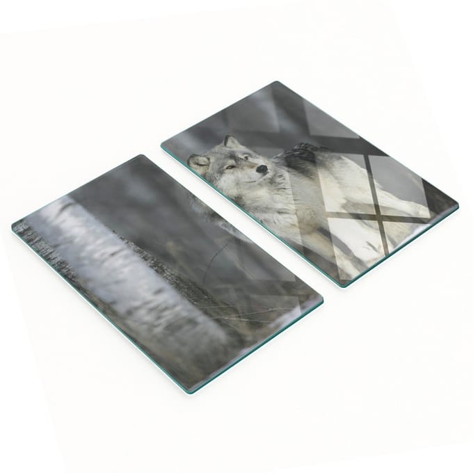 Decoratieve serveerplanken van glas met afbeelding van een grijze wolf, 2x30x52 cm