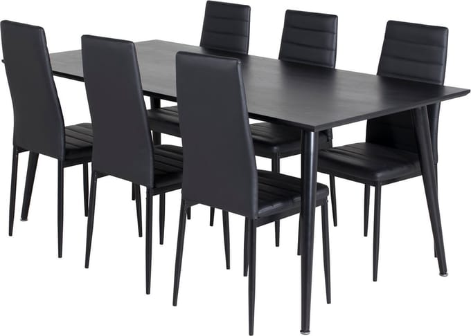 Dipp180x90BLBL eethoek eetkamertafel zwart en 6 Slim High Back eetkamerstal PU kunstleer zwart.