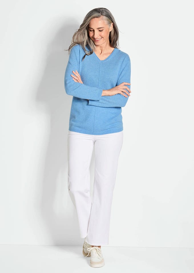 Pullover van kasjmier met V-hals - blauw - Gr. 52 van Goldner Fashion