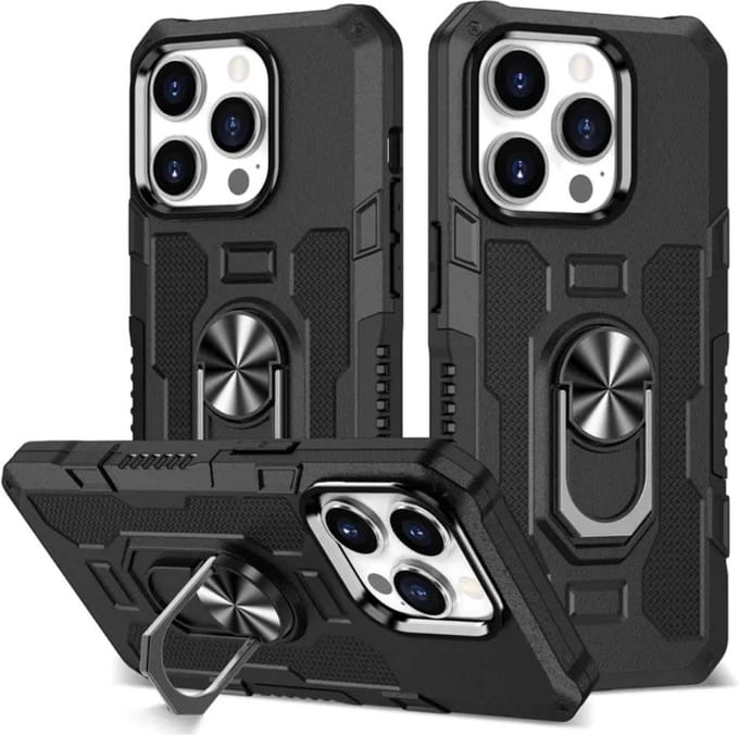 Smartphonica Rugged armour case hoesje voor iPhone 12 Pro Max met ring autohouder - Zwart geschikt voor iPhone 12 Pro Max