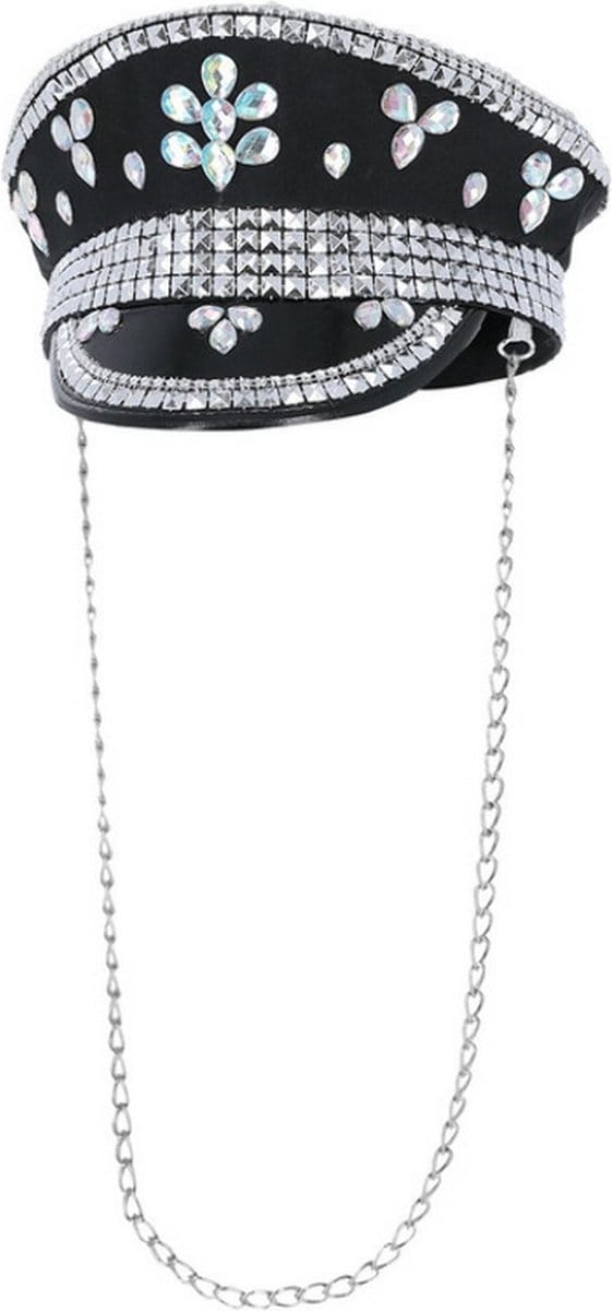 Fever - Deluxe Sequin Studded Captains Hat Kostuum Hoed - Zwart