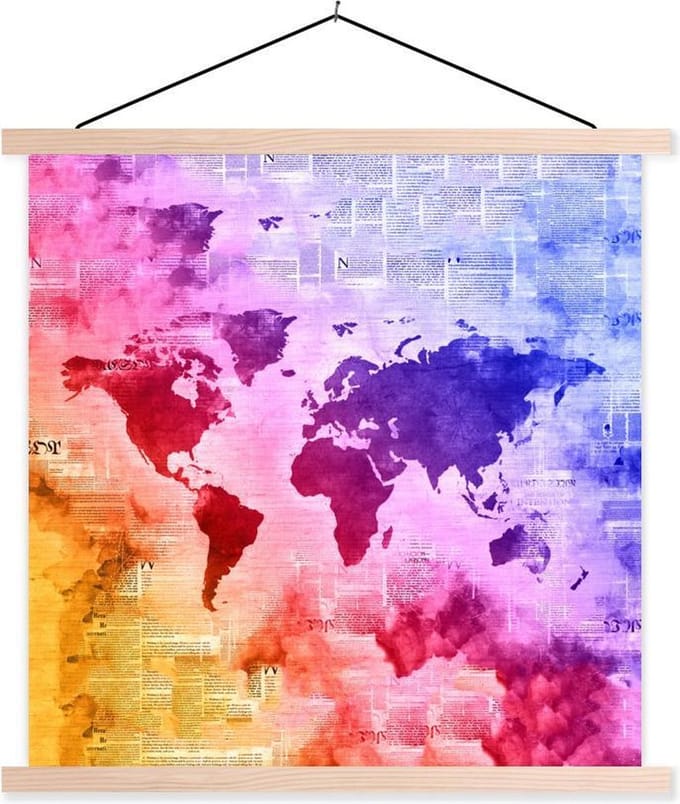 Posterhanger incl. Poster 60x60 cm - Schoolplaat - Wereldkaart - Kleuren - Abstract - Textielposter - Blanke latten