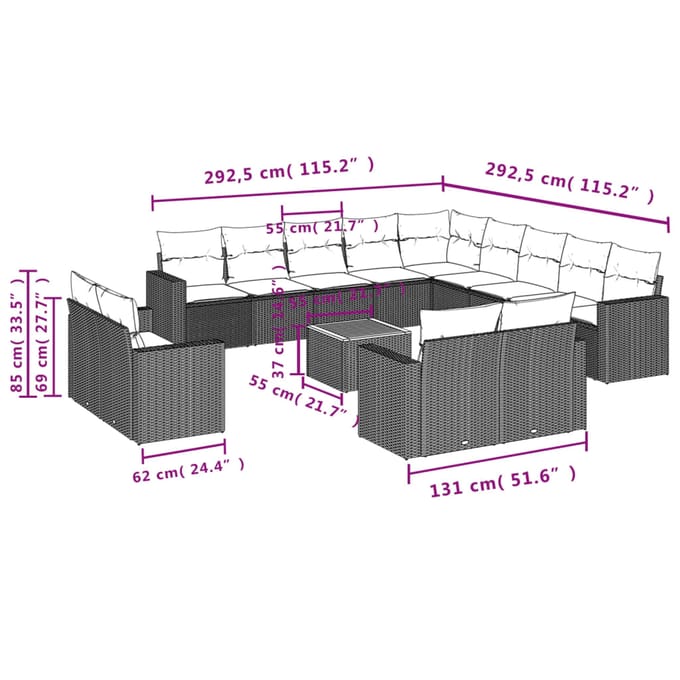 vidaXL - 14-delige - Loungeset - met - kussens - poly - rattan - beige