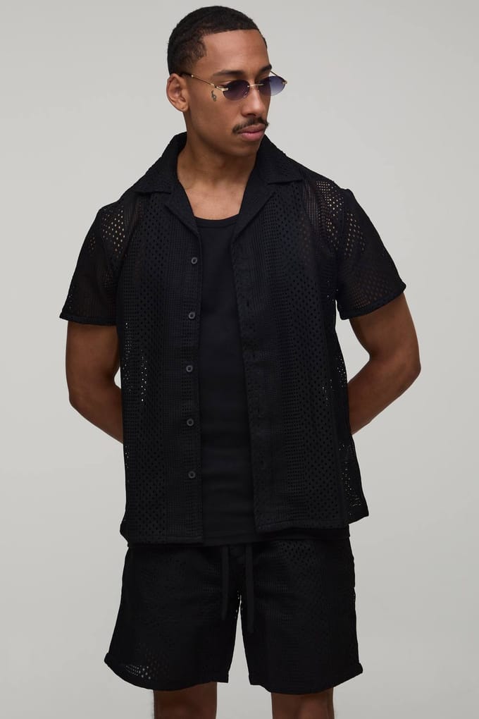 Geborduurd Gehaakte French Riviera Regular Shirt & Relaxed Short Set | Black | Size Medium
