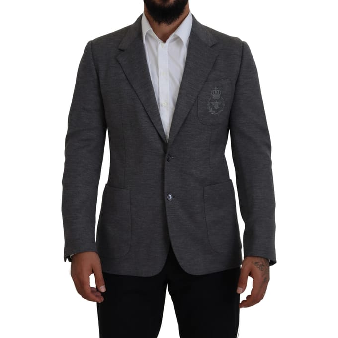 Grijze Blazer Geborduurde Bij Klassieke Pasvorm