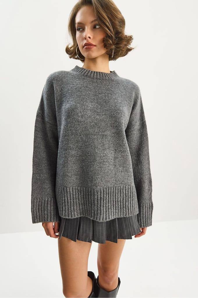 Textuur Oversized Brede Trui met Ronde Hals