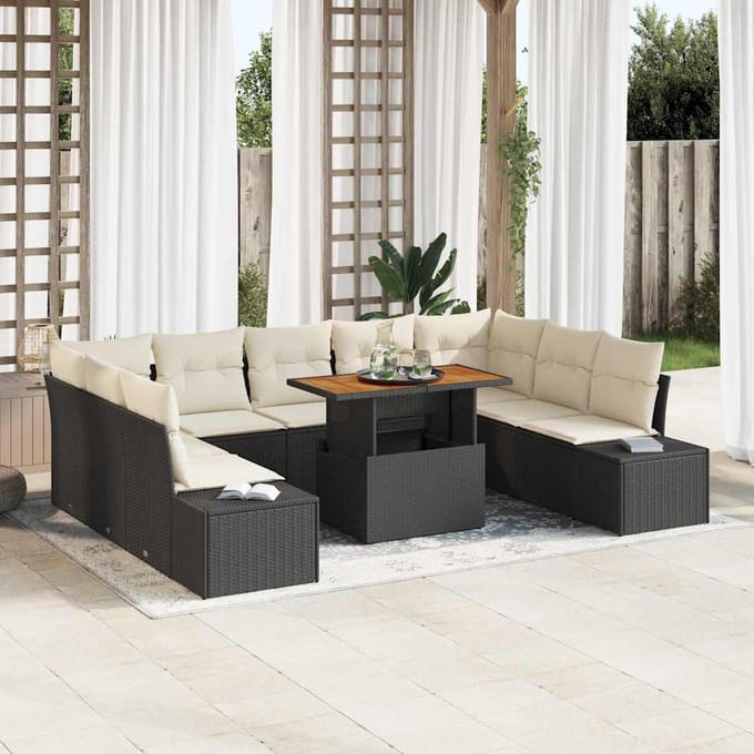 vidaXL Tuin Eettafel Set met kussen 10 pcs Zwart en Crème