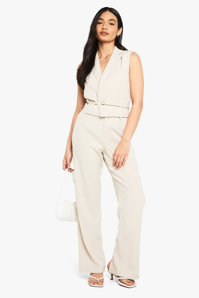 boohoo Dames Gordeld vest met schoudervulling | Beige | Maat: 38
