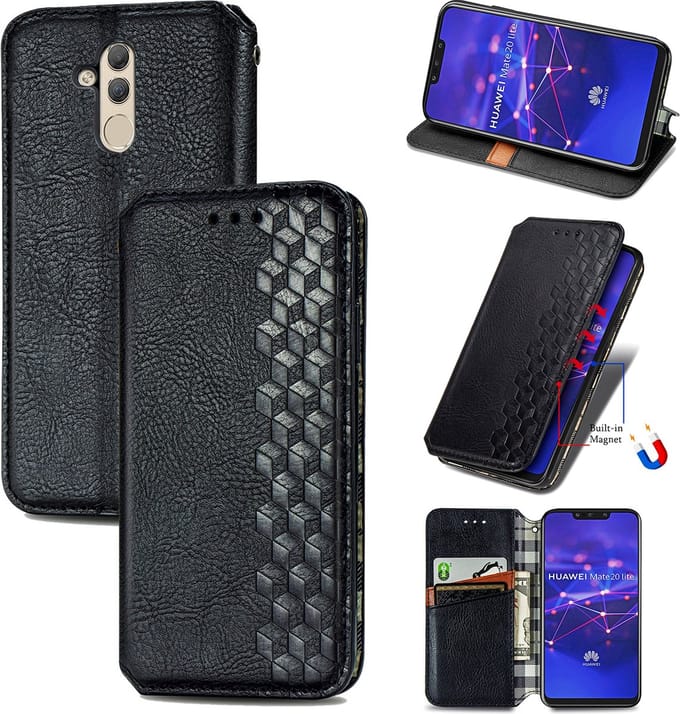 Luxe PU Lederen Ruitpatroon Wallet Case + PET Screenprotector voor Huawei Mate 20 Lite _ Zwart