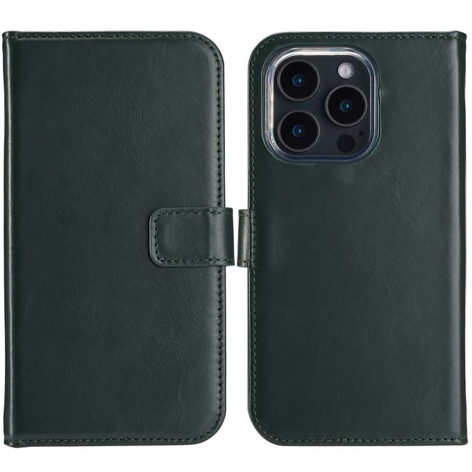 Selencia Hoesje - Geschikt voor Apple iPhone 16 Pro - Echt Lederen Bookcase - Groen