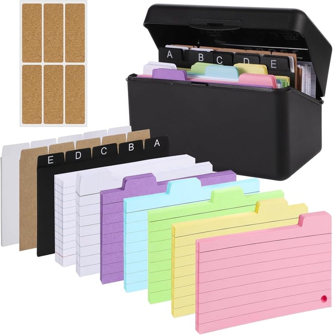 Index Box - 14.5x8x9.2 cm Zwart - met 230 Kaarten, 15 Tabs, 6 Ringen, Stickers