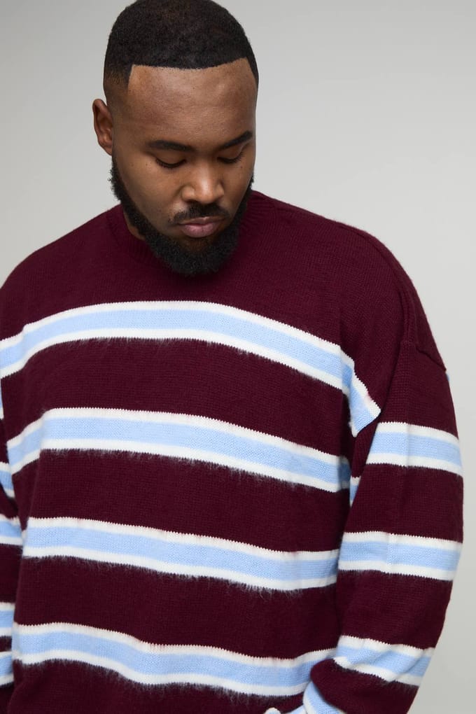 Plus Contrasterende Streep Geborsteld Gebreid Oversized Trui | Burgundy | Size 2XL