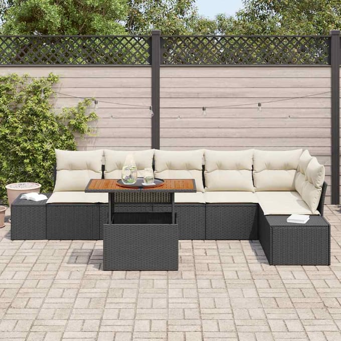 vidaXL Tuin Eettafel Set met kussen 7 pcs Zwart en Crème
