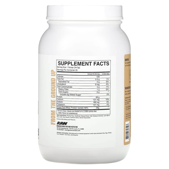 Raw Nutrition, Isolat de Protéine de Whey Nourri à l'Herbe, Beurre de Cacahuète, 1,89 lb (857,5 g)