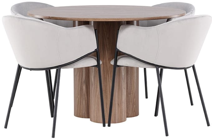 Olivia eethoek tafel Ø110cm en 4 velours stoelen met armleuningen bruin.