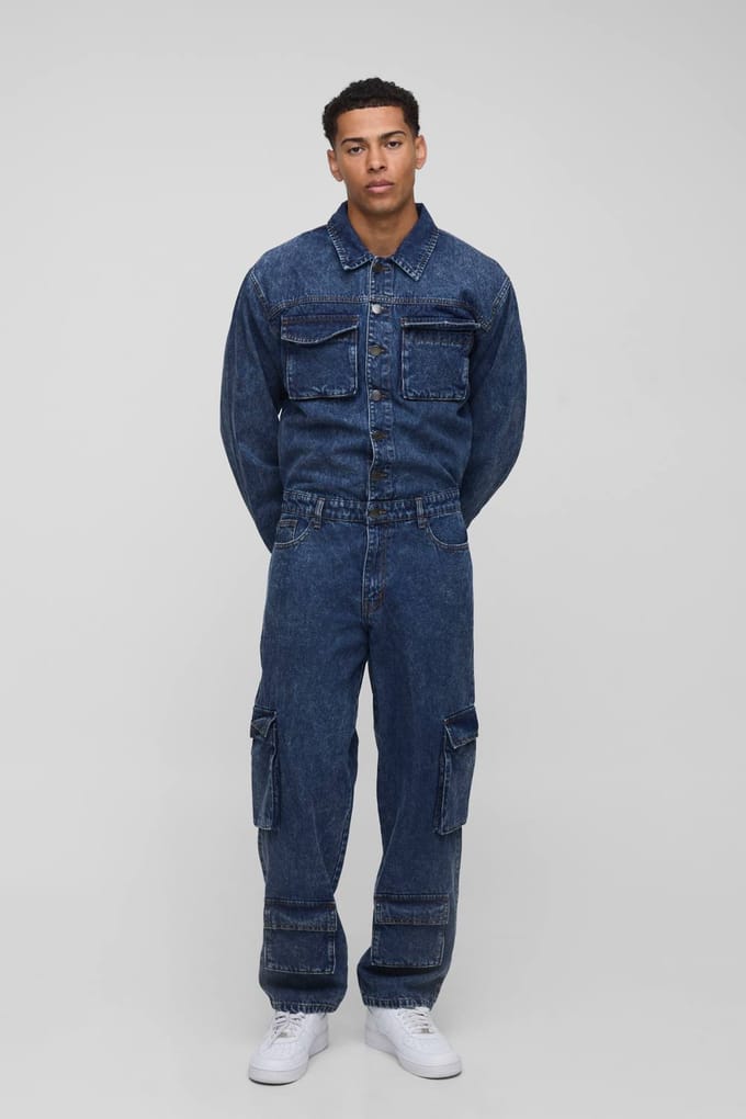 Long Sleeve Relaxed Washed Cargo Denim Boilersuit | Vintage Blue | Size Medium