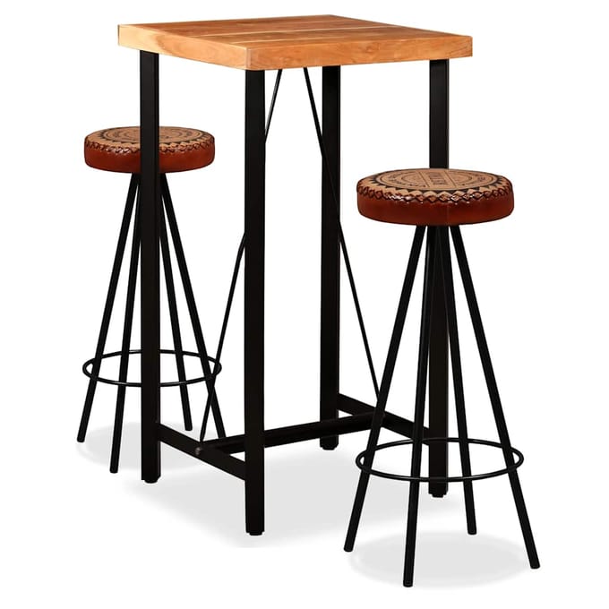 vidaXL - 3-delige - Barset - massief - acaciahout, - echt - leer - en - canvas