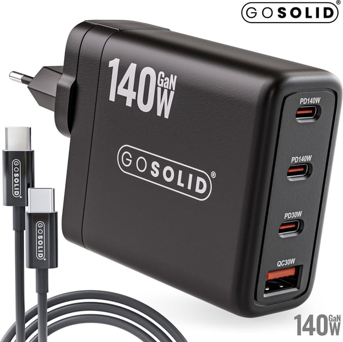 GO SOLID! Oplader 140W USB-C Voeding met 4 Poorten 3x USB-C, 1x USB-A Zwart