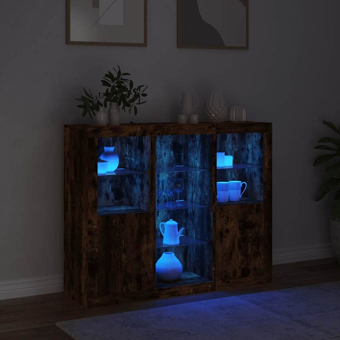 vidaXL - Dressoirs - met - LED-verlichting - 3 - st - bewerkt - hout - gerookt - eiken