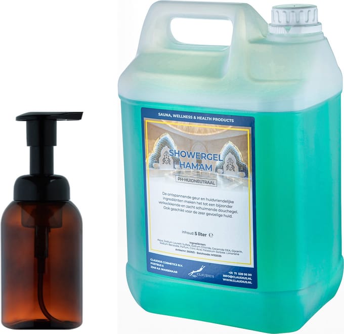 Zeepdispenser 300 ml amber bruin hervulbaar + 5 liter Showergel Hamam navulling