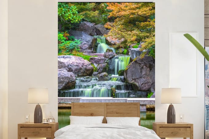 Behang - Fotobehang Stenen - Water - Bomen - Japans - Botanisch - Breedte 145 cm x hoogte 220 cm