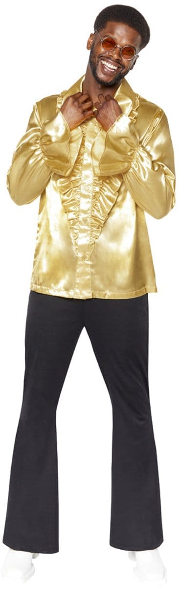 Jaren 70 feestshirt met ruches goud
