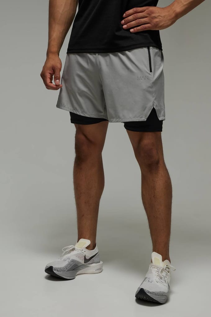 Men's Active Stretch Woven 2in1 Shorts | Light Grey | Size Medium