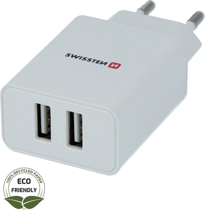 Swissten USB Oplader met 2 USB Poorten 2.1A - Wit - Duurzame verpakking