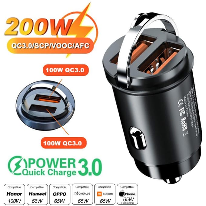 200W Compacte Autolader USB Snel Laadadapter Dubbele Poort Mini Telefoonlader 200W 2USB zwart