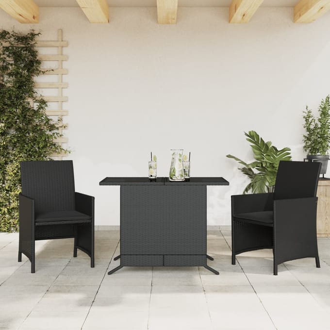 vidaXL - 3-delige - Bistroset - met - kussens - poly - rattan - zwart