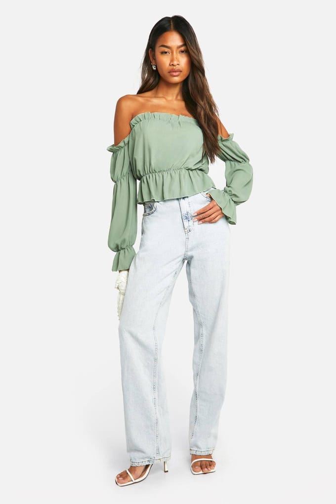 boohoo Dames Woven Volume Sleeve Ruched Bardot Top | Olijf | Maat: 34